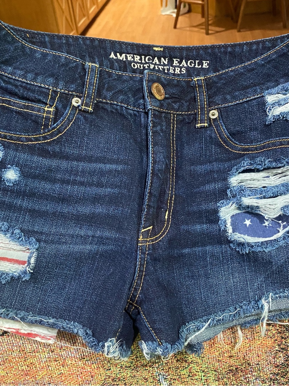 American Eagle Outfitters Dark Blue Distressed Denim Shorts with Patch Details